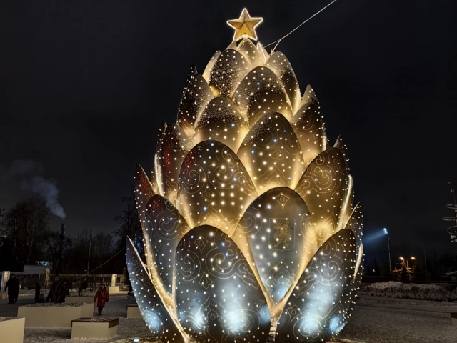 Новогодняя инсталляция Золотая шишка в парке Горького