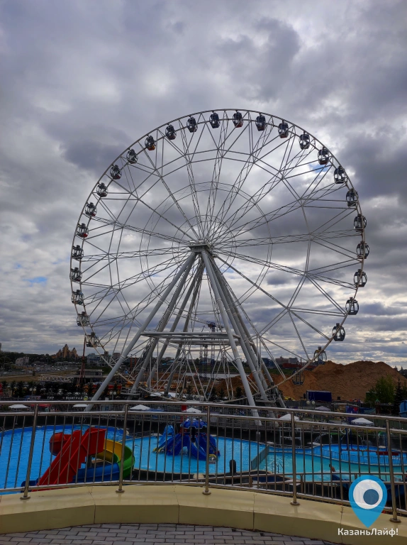 Вид на колесо обозрения Вокруг света с аквапарка Ривьера