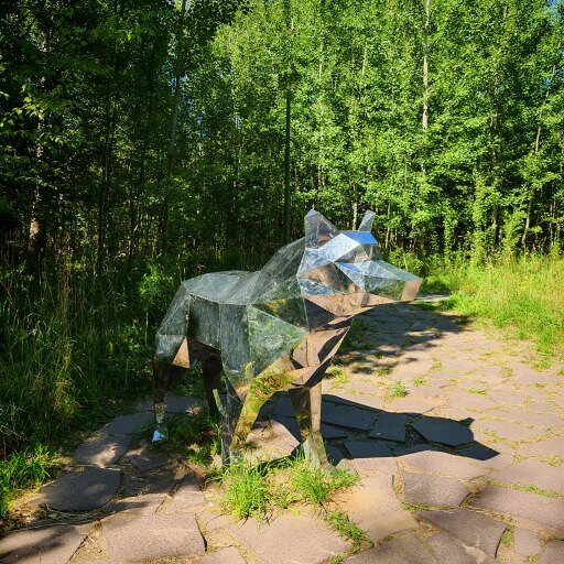Зеркальная скульптура Волк в Горкинско-Ометьевском лесу